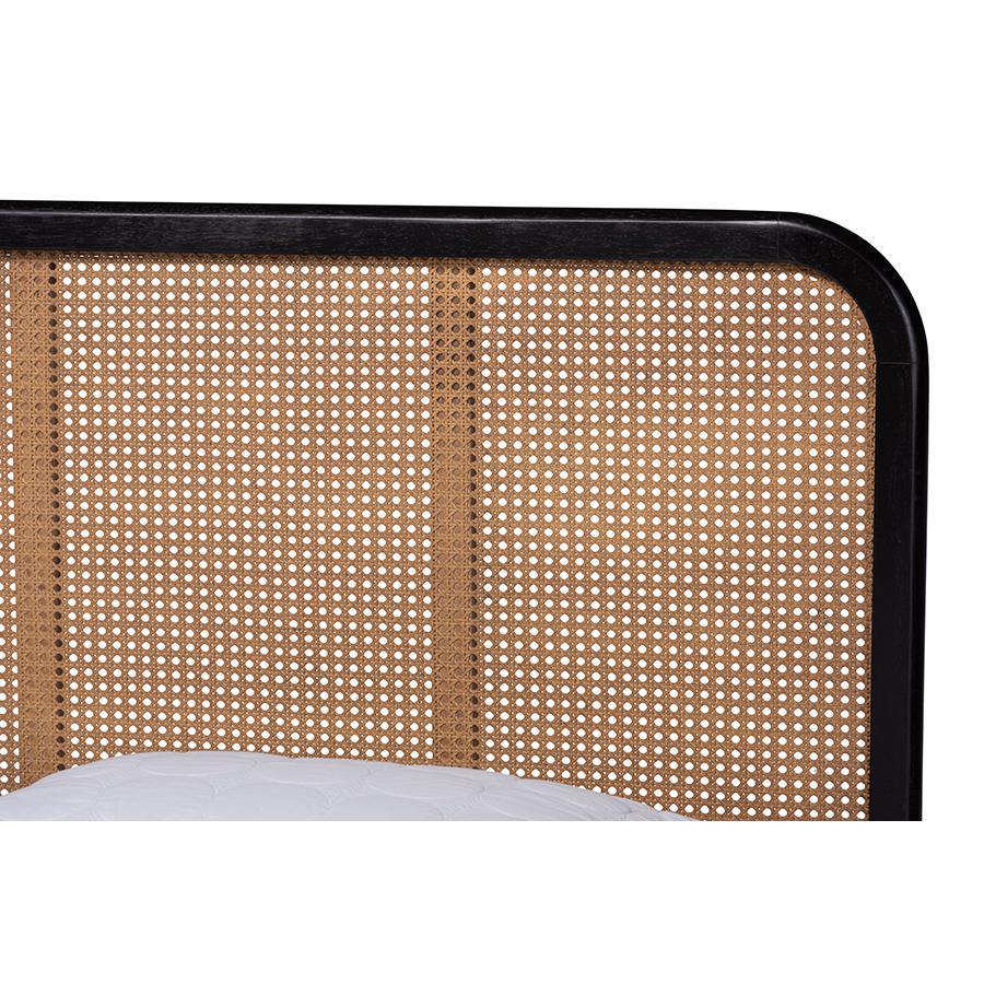 Baxton Studio Elston Mid-Century Modern Charcoal Finished Wood and Synthetic Rattan Queen Size Platform Bed | Beds | Modishstore - 4