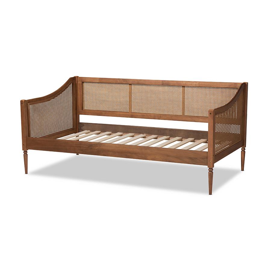 Baxton Studio Ogden Mid-Century Modern Walnut Brown Finished Wood and Synthetic Rattan Twin Size Daybed | Daybeds | Modishstore - 4