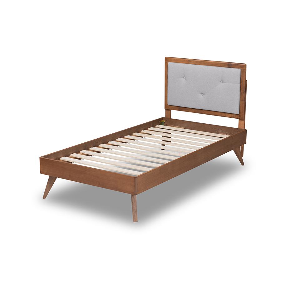 Baxton Studio Laima Mid-Century Modern Light Grey Fabric Upholstered and Walnut Brown Finished Wood Twin Size Platform Bed | Beds | Modishstore - 4