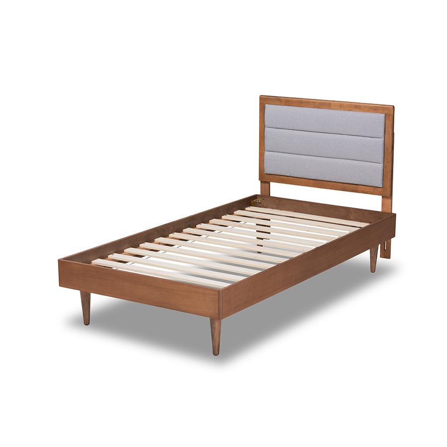 Baxton Studio Seren Mid-Century Modern Light Grey Fabric Upholstered and Walnut Brown Finished Wood Twin Size Platform Bed | Beds | Modishstore - 4