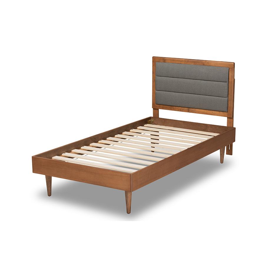 Baxton Studio Seren Mid-Century Modern Dark Grey Fabric Upholstered and Walnut Brown Finished Wood Twin Size Platform Bed | Beds | Modishstore - 4