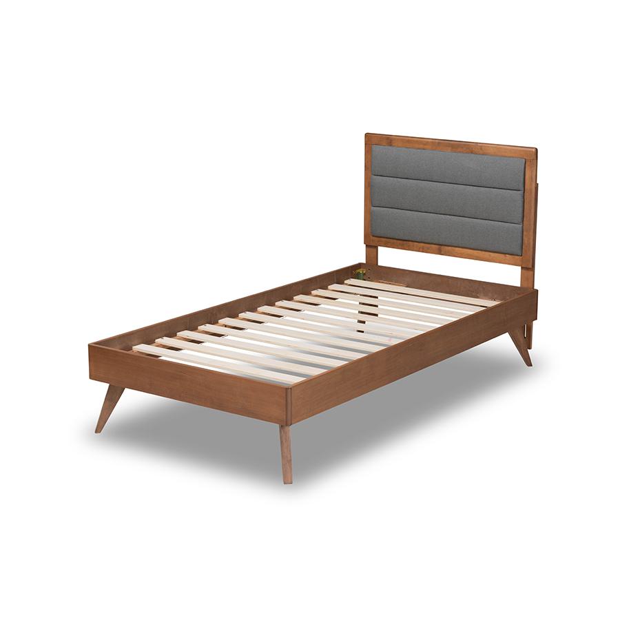 Baxton Studio Linn Mid-Century Modern Dark Grey Fabric Upholstered and Walnut Brown Finished Wood Twin Size Platform Bed | Beds | Modishstore - 4