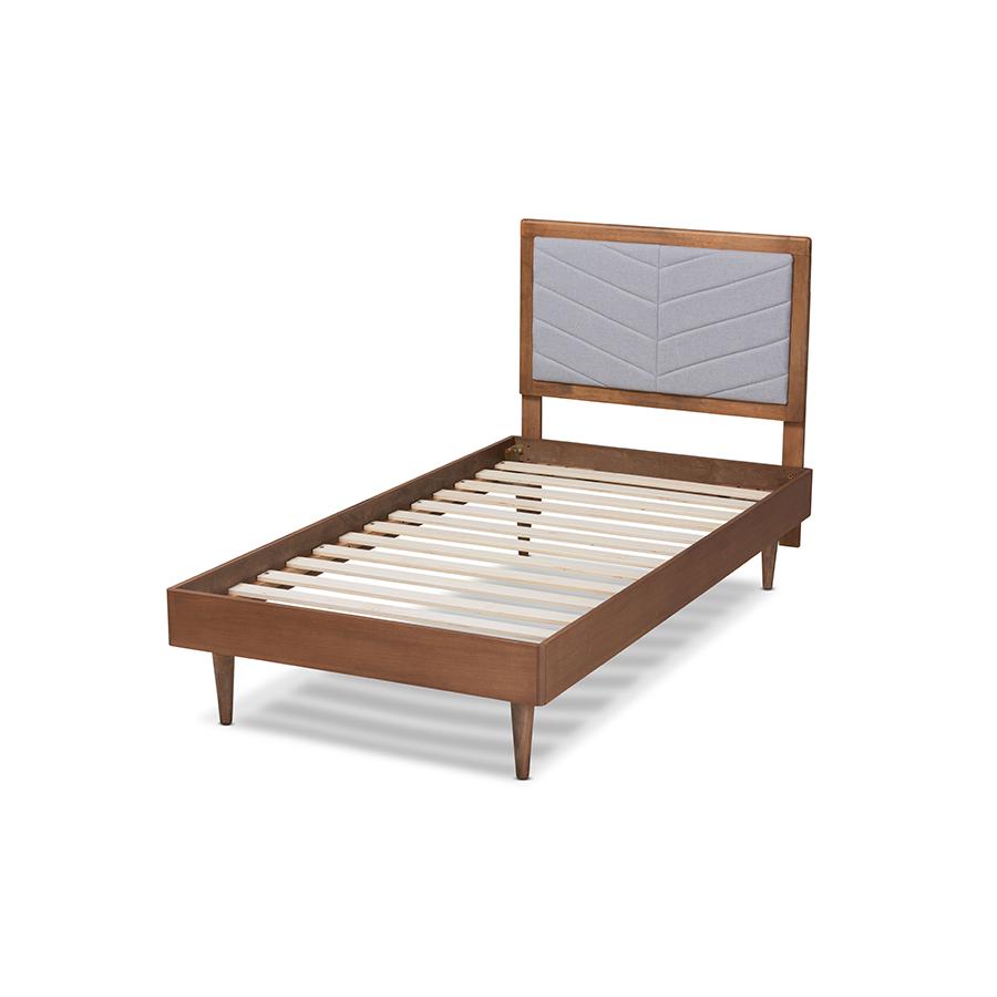 Baxton Studio Tasha Mid-Century Modern Light Grey Fabric Upholstered and Walnut brown Finished Wood Twin Size Platform Bed | Beds | Modishstore - 4