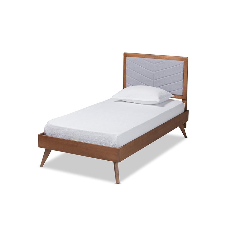 Baxton Studio Roze Mid-Century Modern Light Grey Fabric Upholstered and Walnut brown Finished Wood Twin Size Platform Bed | Beds | Modishstore - 2