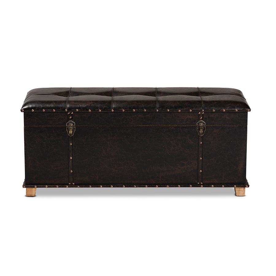 Baxton Studio Janna Rustic Transitional Dark Brown Faux Leather Upholstered and Oak Brown Finished Wood Storage Ottoman | Ottomans | Modishstore - 4