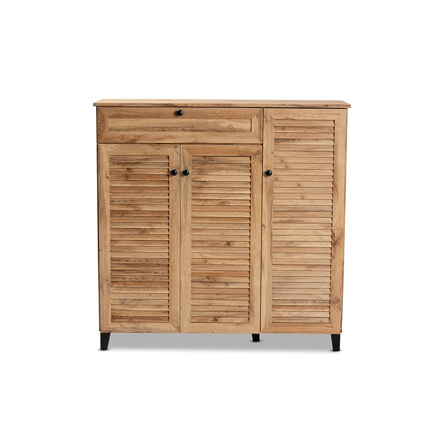 Baxton Studio Coolidge Modern and Contemporary Oak Brown Finished Wood 3-Door Shoe Storage Cabinet with Drawer | Cabinets | Modishstore - 4