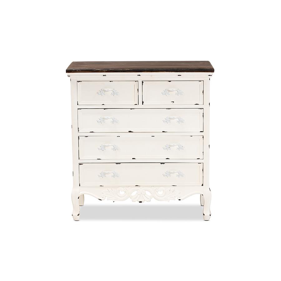 Baxton Studio Levron Classic and Traditional Two-Tone Walnut Brown and Antique White Finished Wood 5-Drawer Storage Cabinet | Drawers | Modishstore - 4