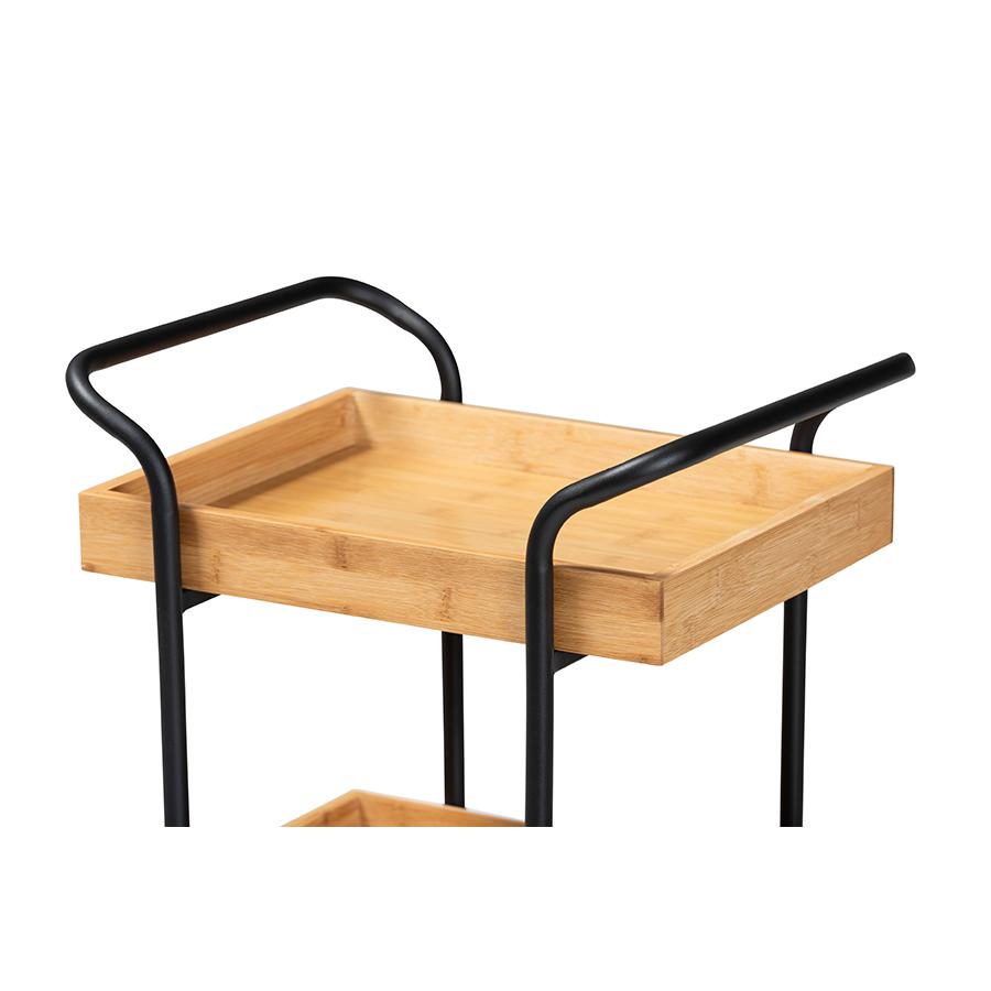 Baxton Studio Baxter Modern and Contemporary Oak Brown Finished Wood and Black Metal 3-Tier Mobile Kitchen Cart | Bar Carts | Modishstore - 4
