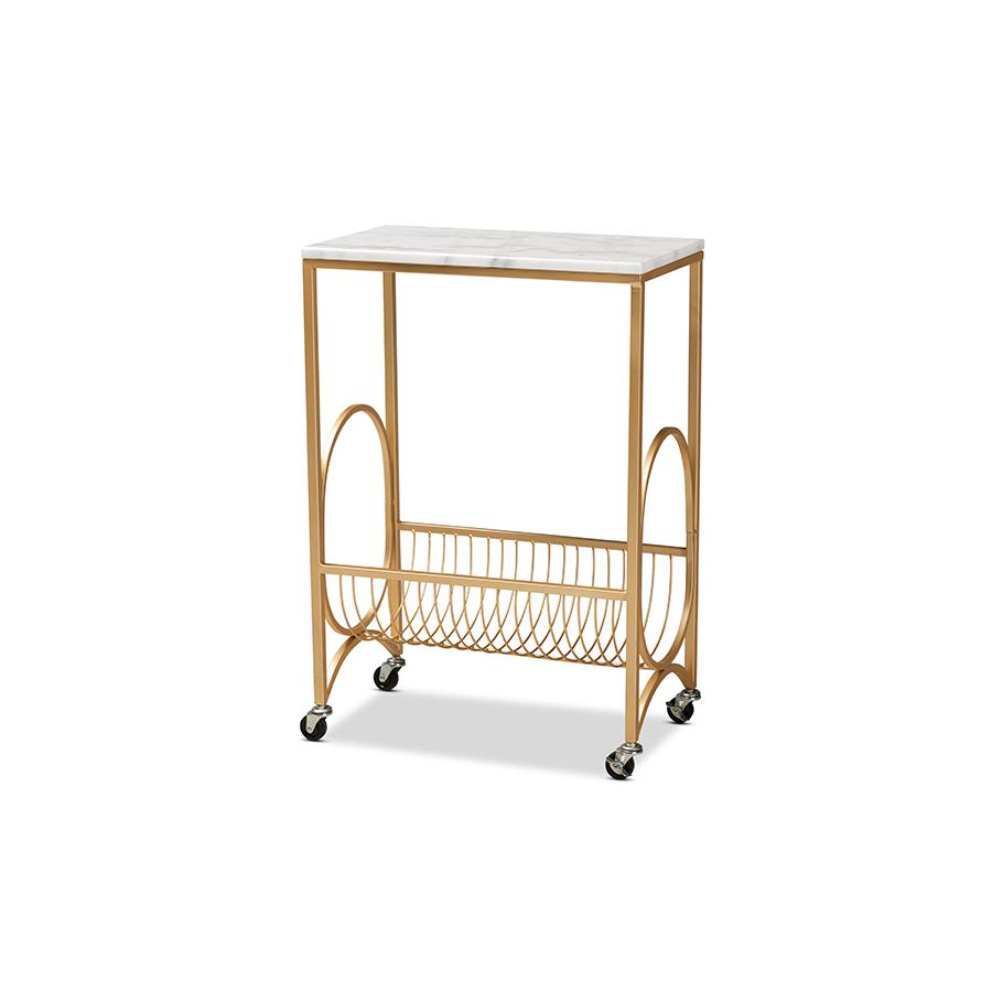 Baxton Studio Jacek Modern and Contemporary Gold Finished Metal Wine Cart with Marble Tabletop | Bar Carts | Modishstore - 2