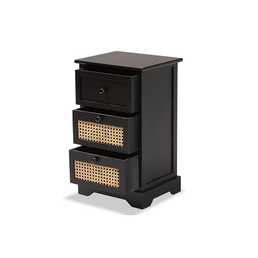 Baxton Studio Dacey Mid-Century Modern Transitional Espresso Brown Finished Wood and Rattan 3-Drawer Storage Cabinet | Cabinets | Modishstore - 4