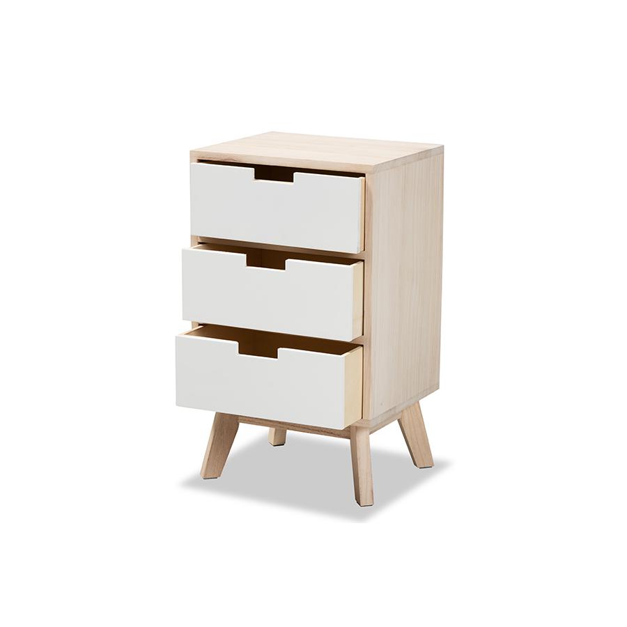 Baxton Studio Halian Mid-Century Modern Two-Tone White and Light Brown Finished Wood 3-Drawer Nightstand | Nightstands | Modishstore - 4