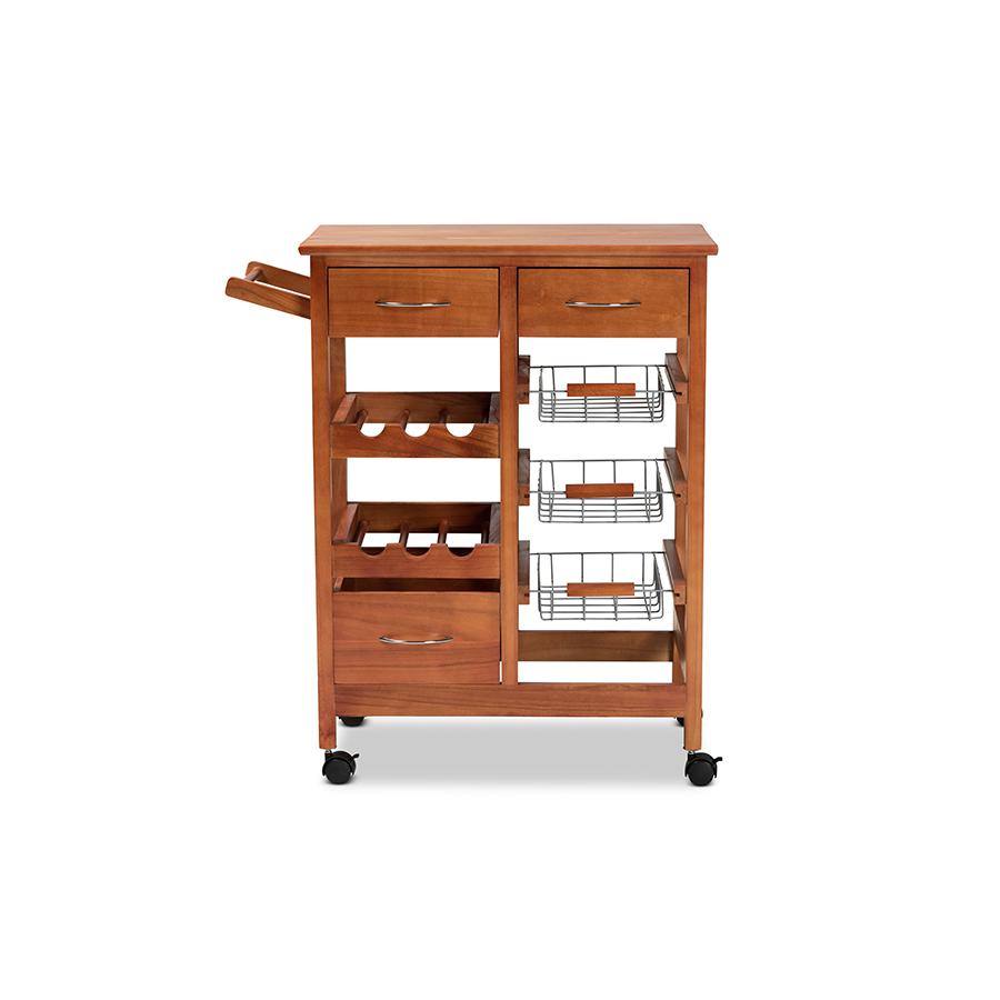 Baxton Studio Crayton Modern and Contemporary Oak Brown Finished Wood and Silver-Tone Metal Mobile Kitchen Storage Cart | Bar Carts | Modishstore - 4