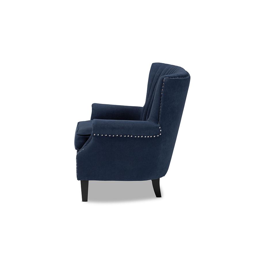 Baxton Studio Wilhelm Classic and Traditional Navy Blue Velvet Fabric Upholstered and Dark Brown Finished Wood Armchair | Armchairs | Modishstore - 4