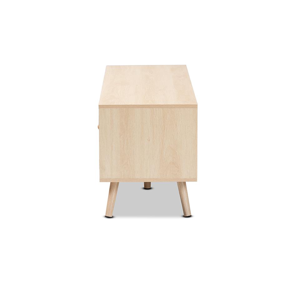 Baxton Studio Sebille Mid-Century Modern Light Brown Finished Wood 2-Door TV Stand with Natural Rattan | TV Stands | Modishstore - 4