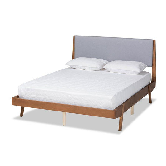 Baxton Studio Senna Mid-Century Modern Grey Fabric Upholstered and Walnut Brown Finished Wood King Size Platform Bed | Beds | Modishstore