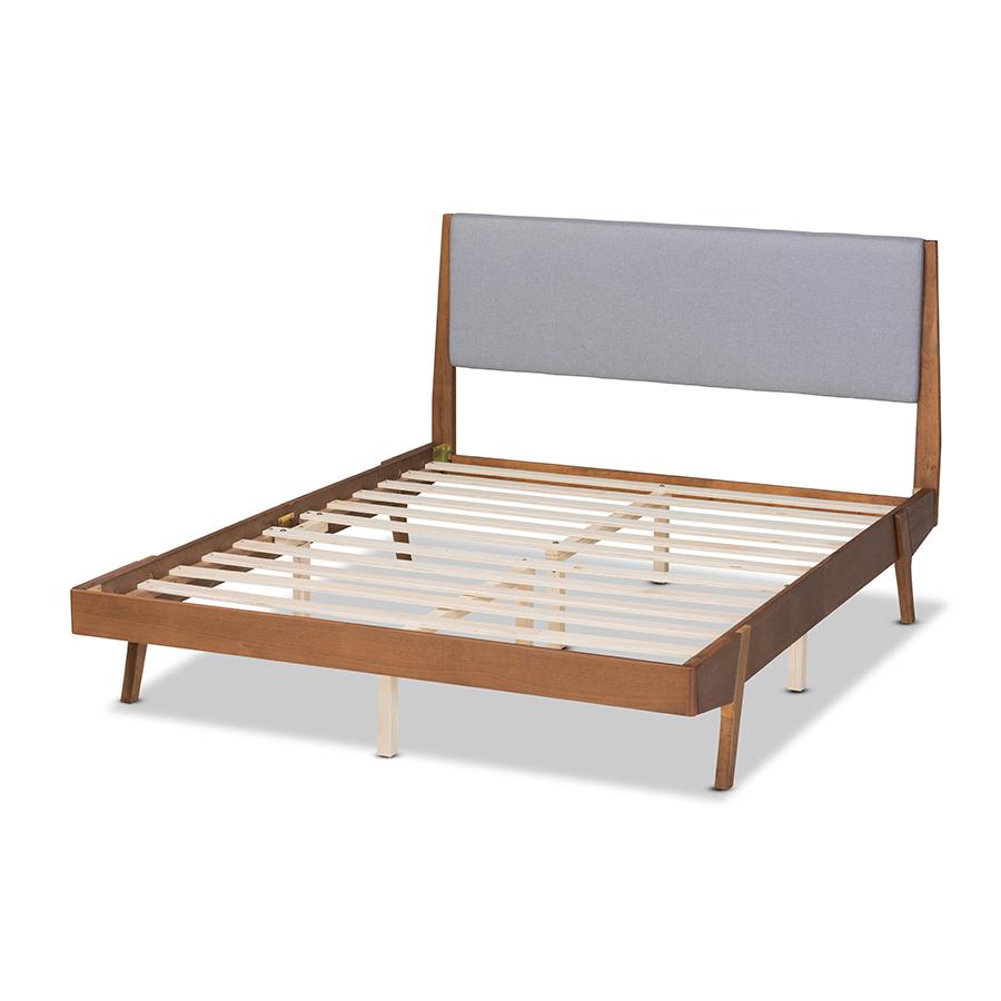 Baxton Studio Senna Mid-Century Modern Grey Fabric Upholstered and Walnut Brown Finished Wood King Size Platform Bed | Beds | Modishstore - 4