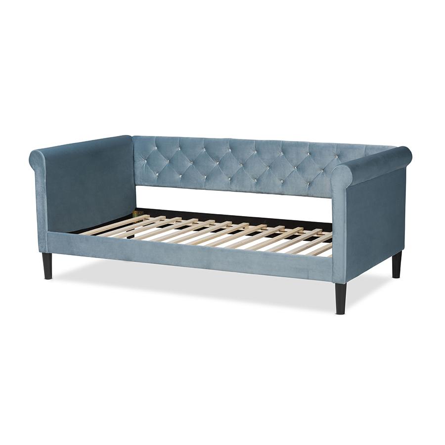 Baxton Studio Cora Modern and Contemporary Light Blue Velvet Fabric Upholstered and Dark Brown Finished Wood Full Size Daybed | Daybeds | Modishstore - 4