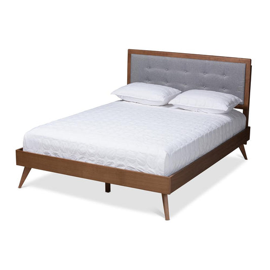 Baxton Studio Ines Mid-Century Modern Light Grey Fabric Upholstered Walnut Brown Finished Wood King Size Platform Bed | Beds | Modishstore