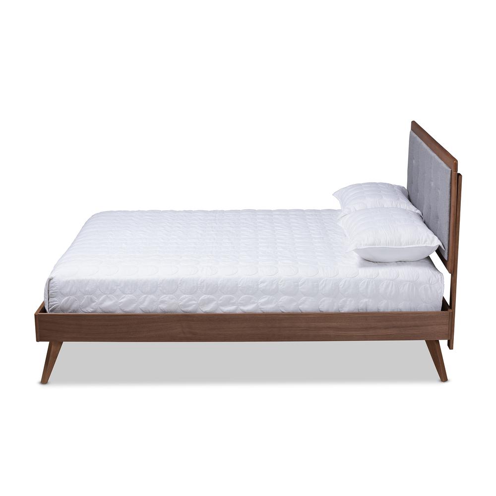 Baxton Studio Ines Mid-Century Modern Light Grey Fabric Upholstered Walnut Brown Finished Wood King Size Platform Bed | Beds | Modishstore - 2