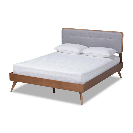 Baxton Studio Dilara Mid-Century Modern Light Grey Fabric Upholstered Walnut Brown Finished Wood Full Size Platform Bed | Beds | Modishstore