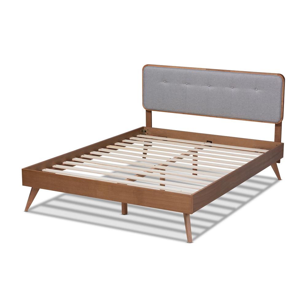 Baxton Studio Dilara Mid-Century Modern Light Grey Fabric Upholstered Walnut Brown Finished Wood Full Size Platform Bed | Beds | Modishstore - 3
