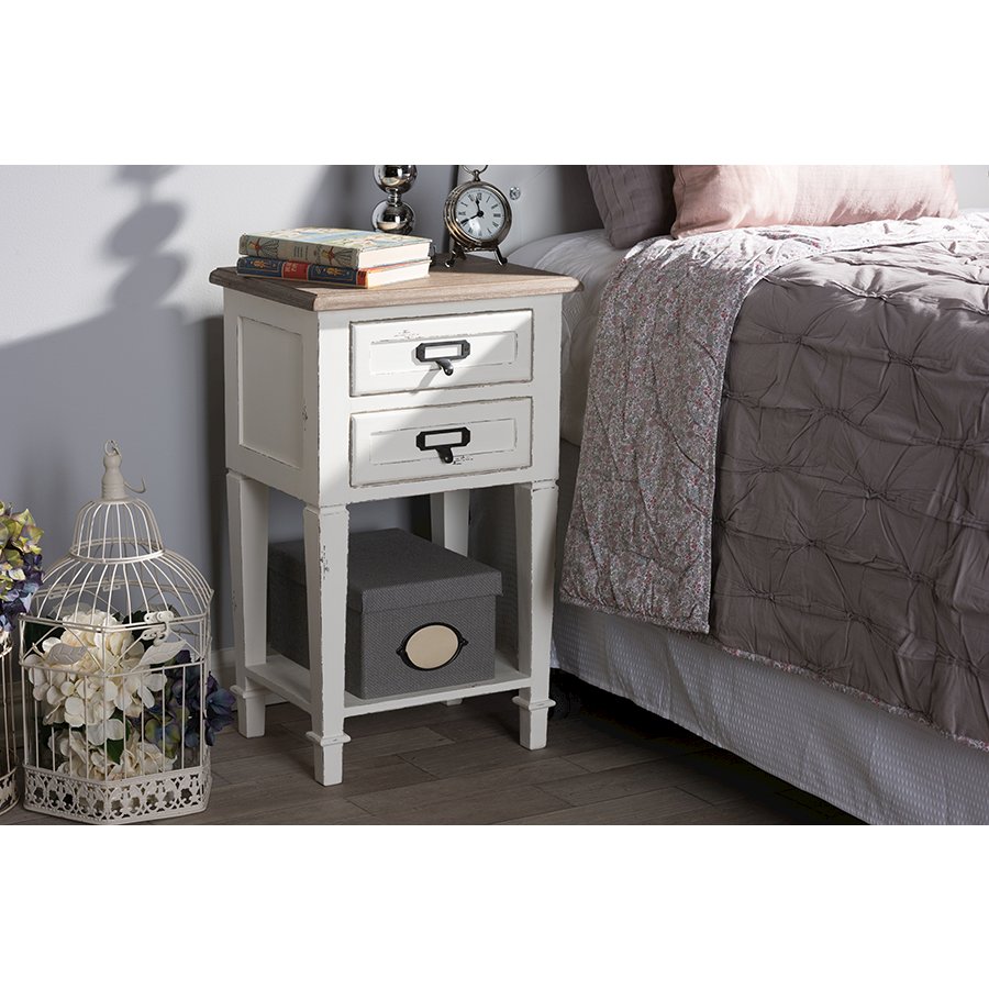 Baxton Studio Dauphine Provincial Style Weathered Oak and White Wash Distressed Finish Wood Nightstand | Nightstands | Modishstore - 3