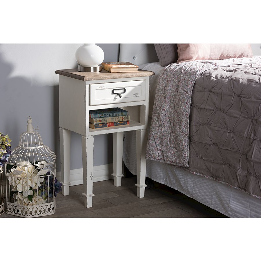 Baxton Studio Dauphine Provincial Style Weathered Oak and White Wash Distressed Finish Wood Nightstand | Nightstands | Modishstore - 3