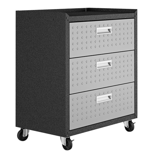 Manhattan Comfort 3-Piece Fortress Mobile Space-Saving Steel Garage Cabinet and Worktable 6.0 in Grey | Drawers | Modishstore