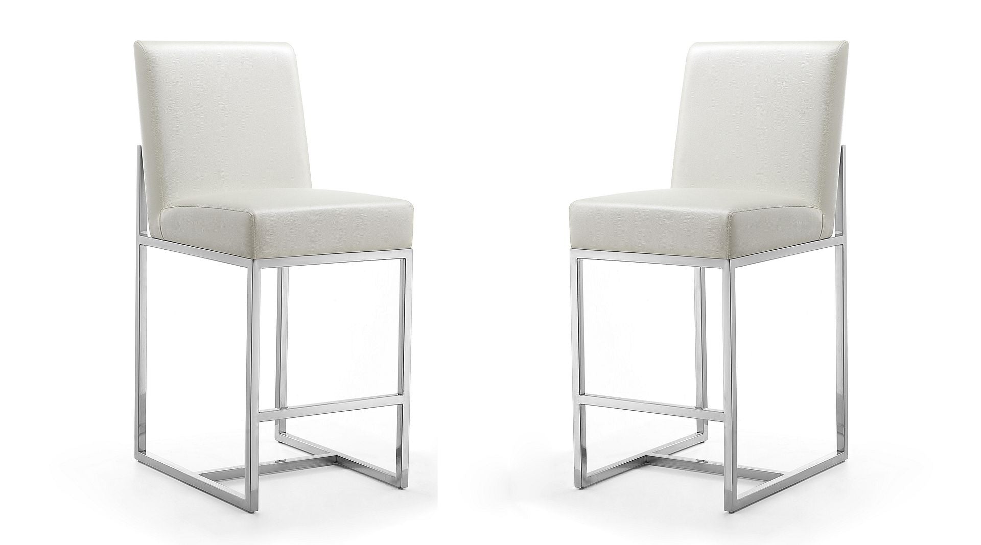Manhattan Comfort Element 37.2 in. Pearl White and Polished Chrome Stainless Steel Counter Height Bar Stool (Set of 2) | Counter Stools | Modishstore