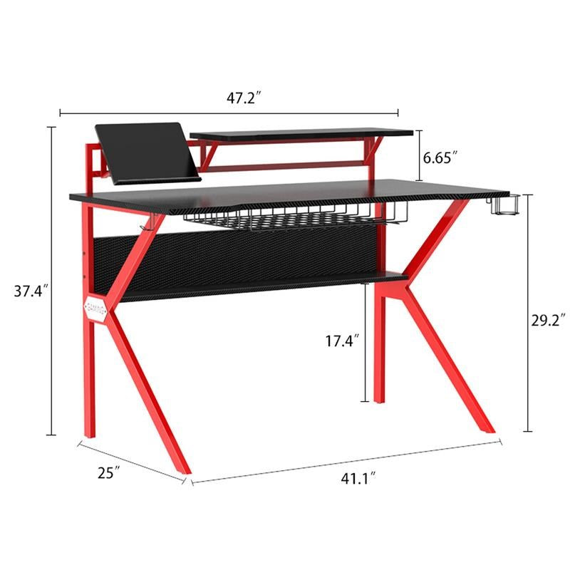 54 Inch Rectangular Gaming Desk With 2 Shelves And K Shape Leg Support, Black And Red By Benzara | Desks | Modishstore - 5