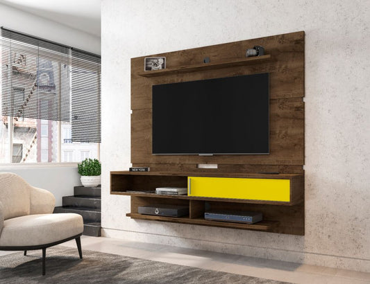 Manhattan Comfort Astor 70.86 Modern Floating Entertainment Center 2.0 with Media and Décor Shelves in Rustic Brown and Yellow | TV Stands | Modishstore