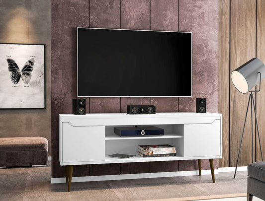 Manhattan Comfort Bradley 62.99 TV Stand White  with 2 Media Shelves and 2 Storage Shelves in White  with Solid Wood Legs | TV Stands | Modishstore