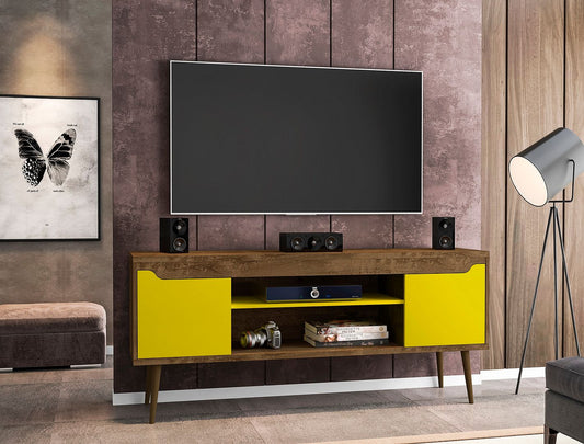 Manhattan Comfort Bradley 62.99 TV Stand Rustic Brown and Yellow  with 2 Media Shelves and 2 Storage Shelves in Rustic Brown and Yellow  with Solid Wood Legs | TV Stands | Modishstore