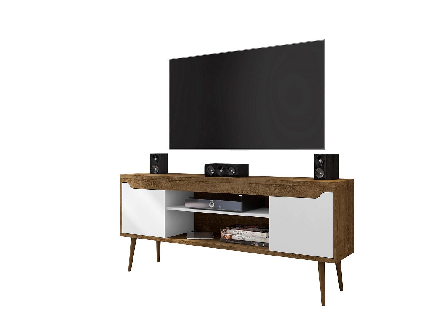Manhattan Comfort Bradley 62.99 TV Stand Rustic Brown and White  with 2 Media Shelves and 2 Storage Shelves in Rustic Brown and White  with Solid Wood Legs | TV Stands | Modishstore-2