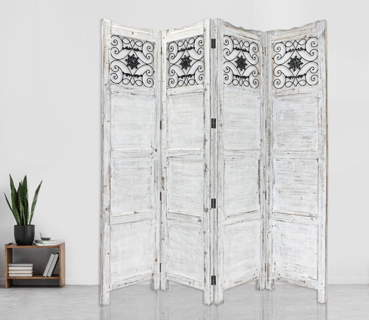 Gray Wash 4 Panel with Scroll Work Room Divider Screen By Homeroots | Room Dividers | Modishstore - 3