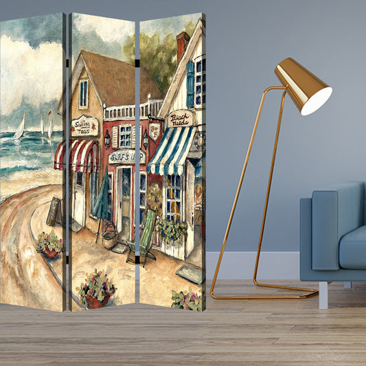 Multi Color Wood Canvas Seaside Town Slate Screen By Homeroots | Room Dividers | Modishstore - 2