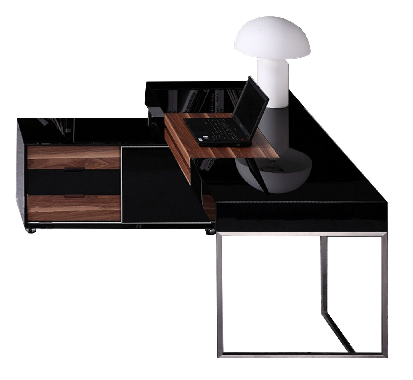 29.5 Black Gloss and Walnut Veneer and Stainless Steel Office Desk By Homeroots | Desks | Modishstore - 2