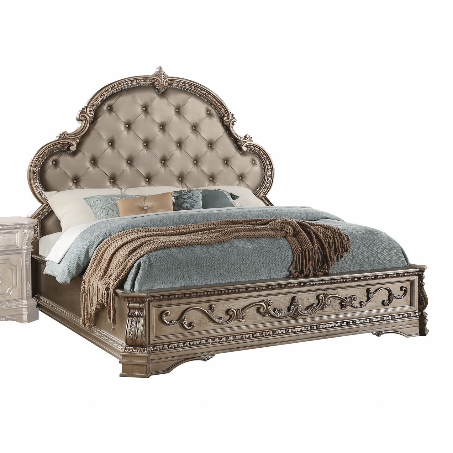 Queen Antique Champagne Pu Bed By Homeroots | Beds | Modishstore - 2