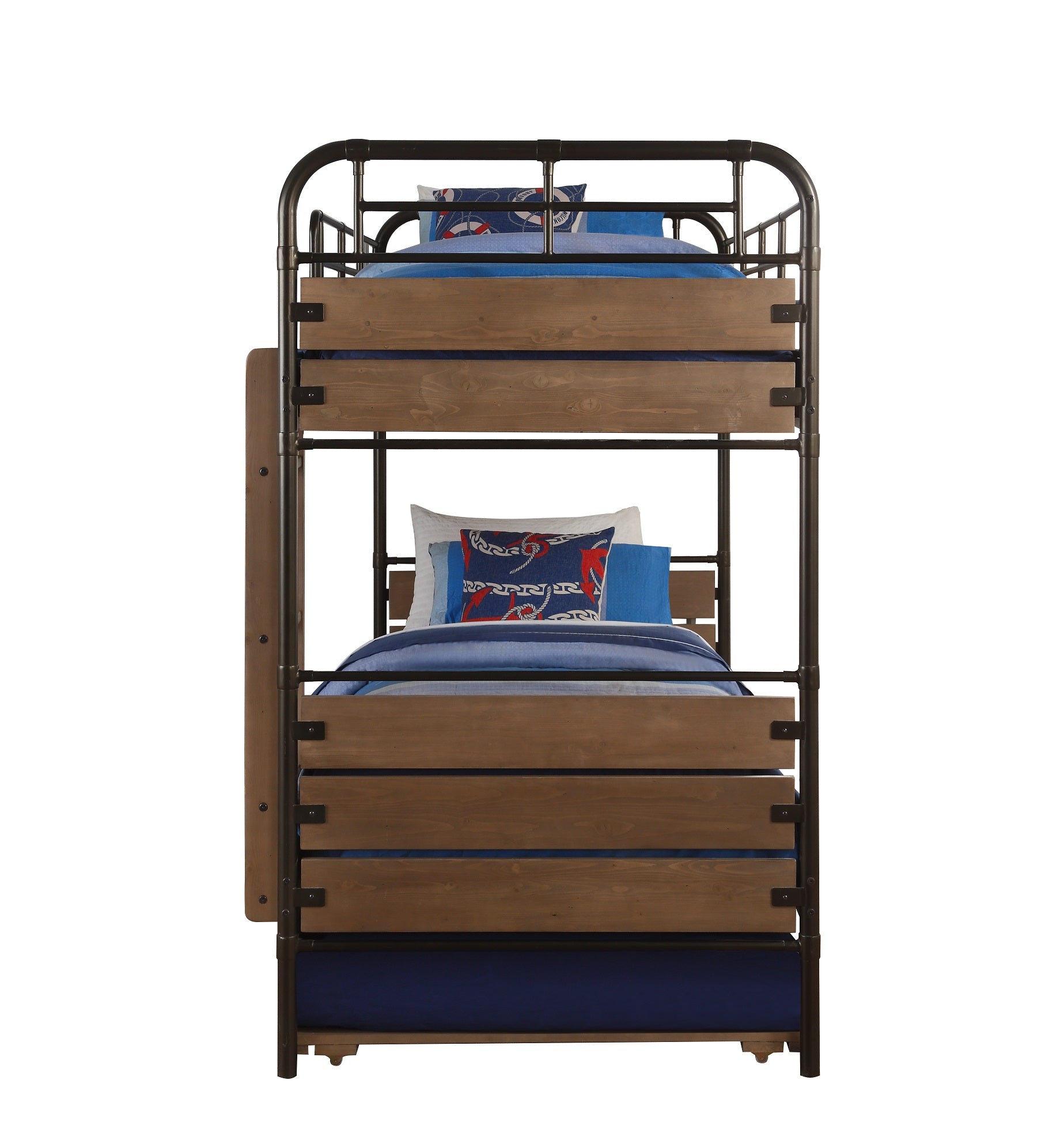 Antique Oak And Gunmetal Twin Over Twin Bunk Bed By Homeroots | Beds | Modishstore - 2