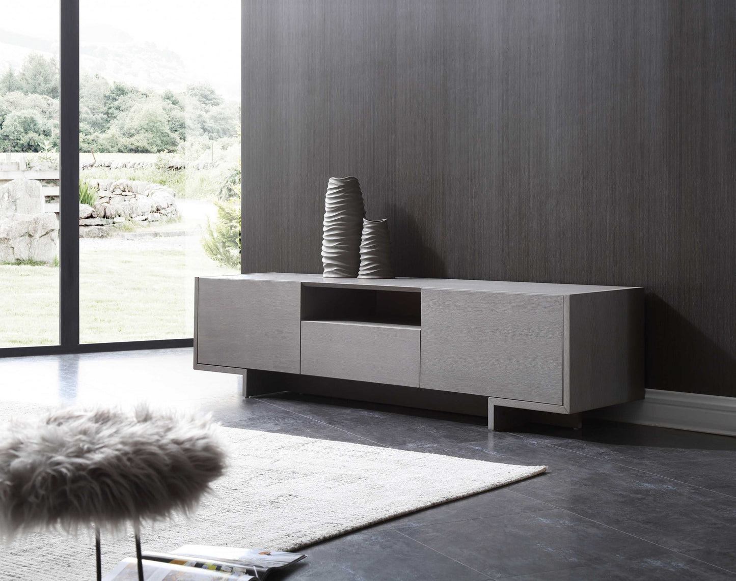 Tv Unit One Middle Drawer And 2 Lid Doors On The Sides All In Grey Oak Venee By Homeroots | TV Stands | Modishstore - 3