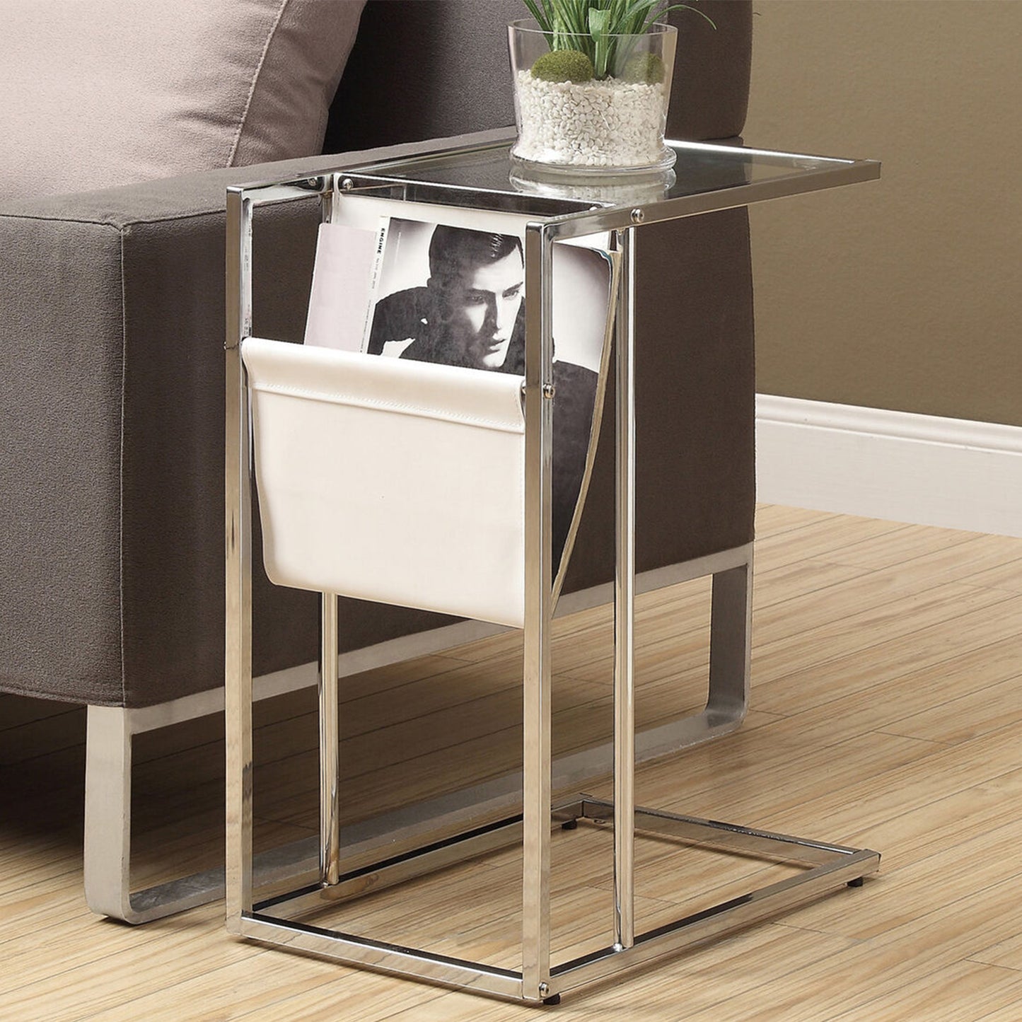 Chrome Tempered Glass Leather Look Accent Table By Homeroots | Accent Tables | Modishstore - 6