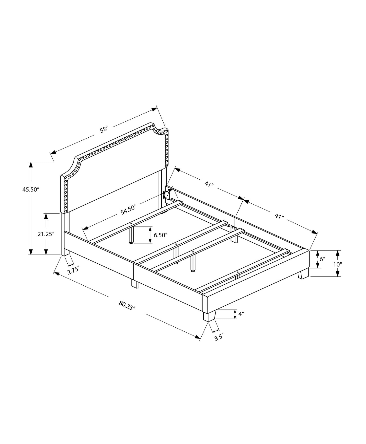 Full Size Grey Linen With Chrome Trim And Solid Wood Black Feet Bed By Homeroots | Beds | Modishstore - 4