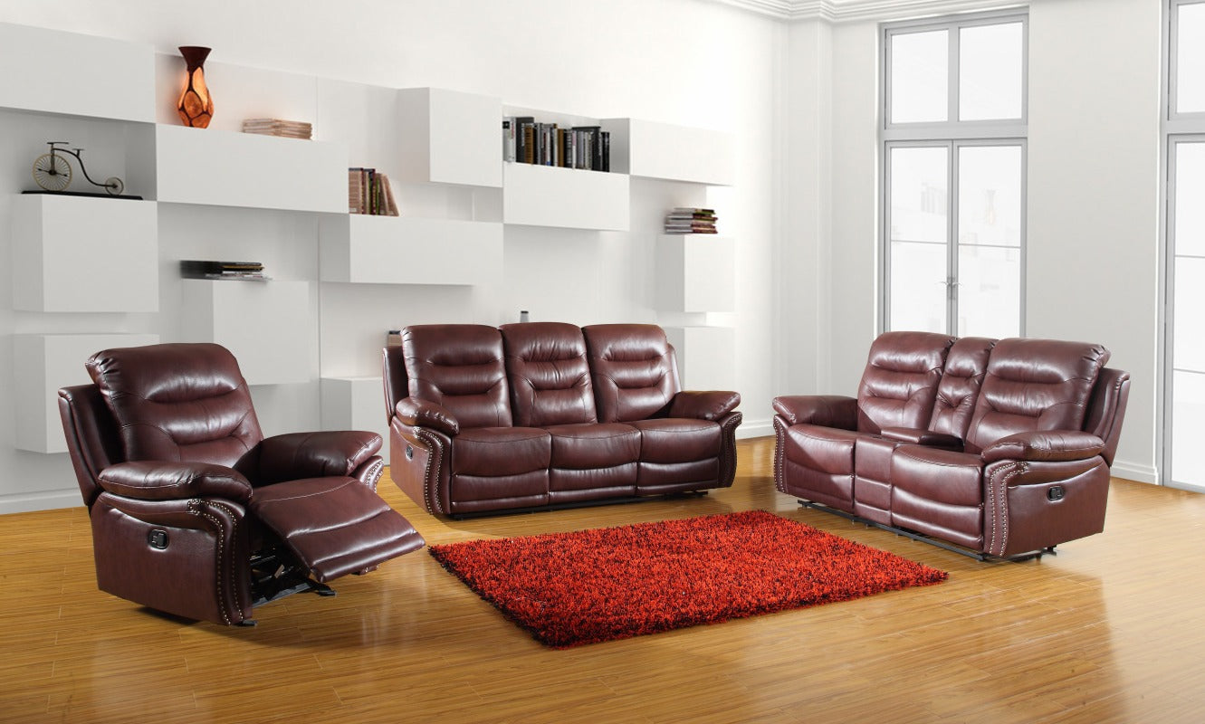 Three Piece Burgundy Leather Match Six Person Seating Set By Homeroots | Sofa Set | Modishstore - 2