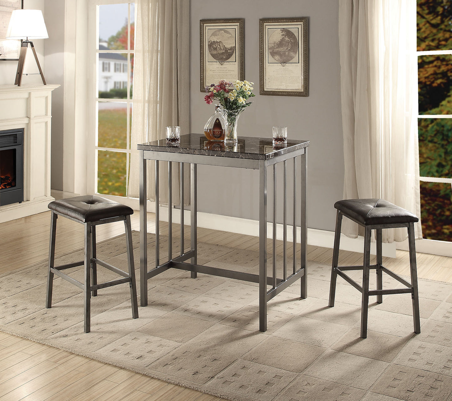 3 Piece Counter Height Set In Faux Marble Gray And Black By Homeroots | Bar Stools & Table | Modishstore