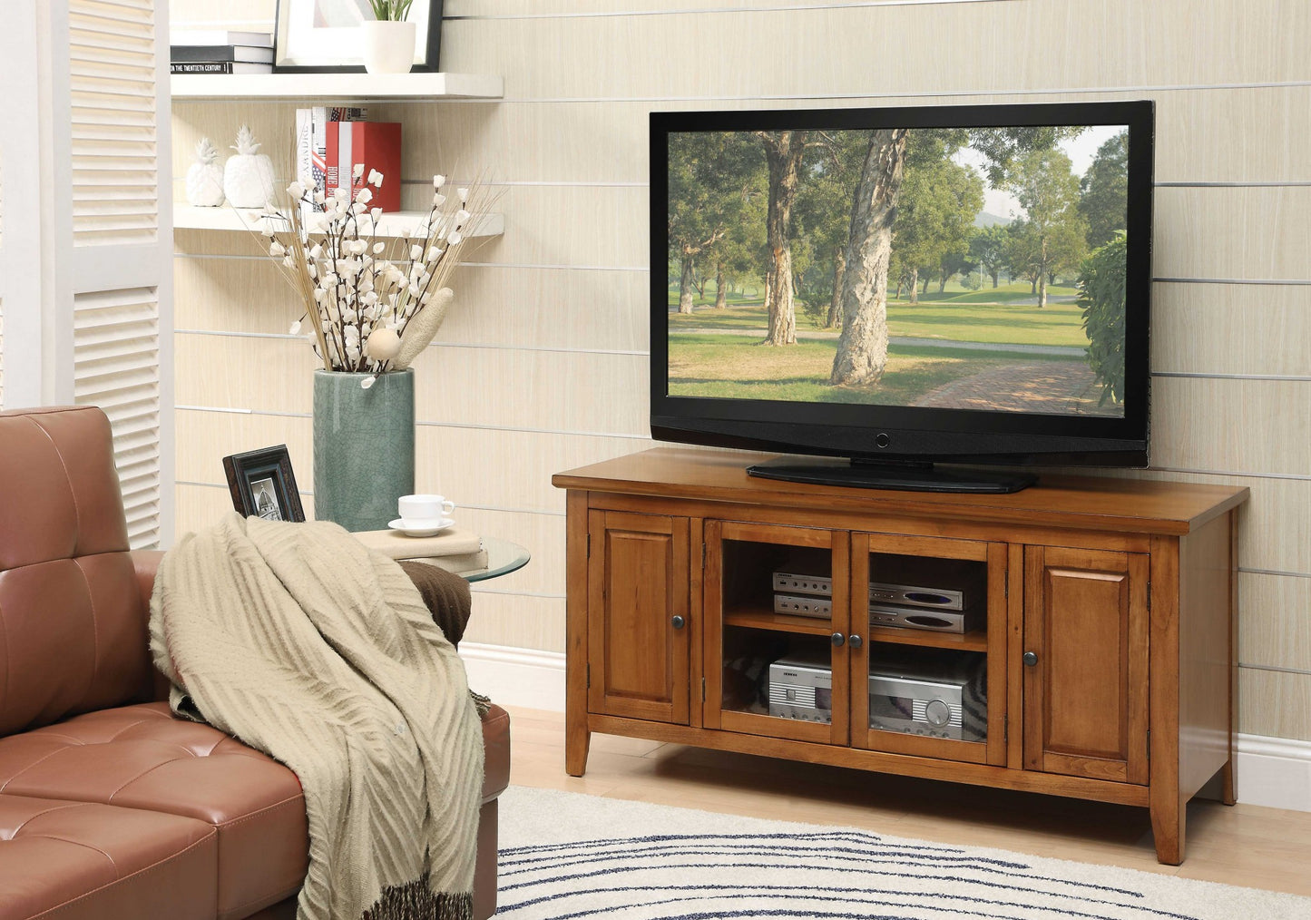 Oak Wood Glass TV Stand for Flat Screen TVs up to ' By Homeroots | TV Stands | Modishstore - 2