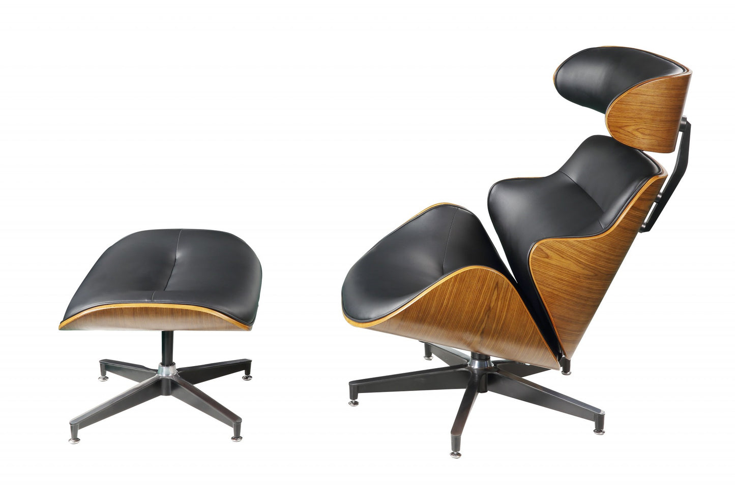 Black Bonded Leather Walnut Wood Upholstered (Seat) Aluminum Base Chair & Ottoman By Homeroots - 347297 | Accent Chairs | Modishstore - 3