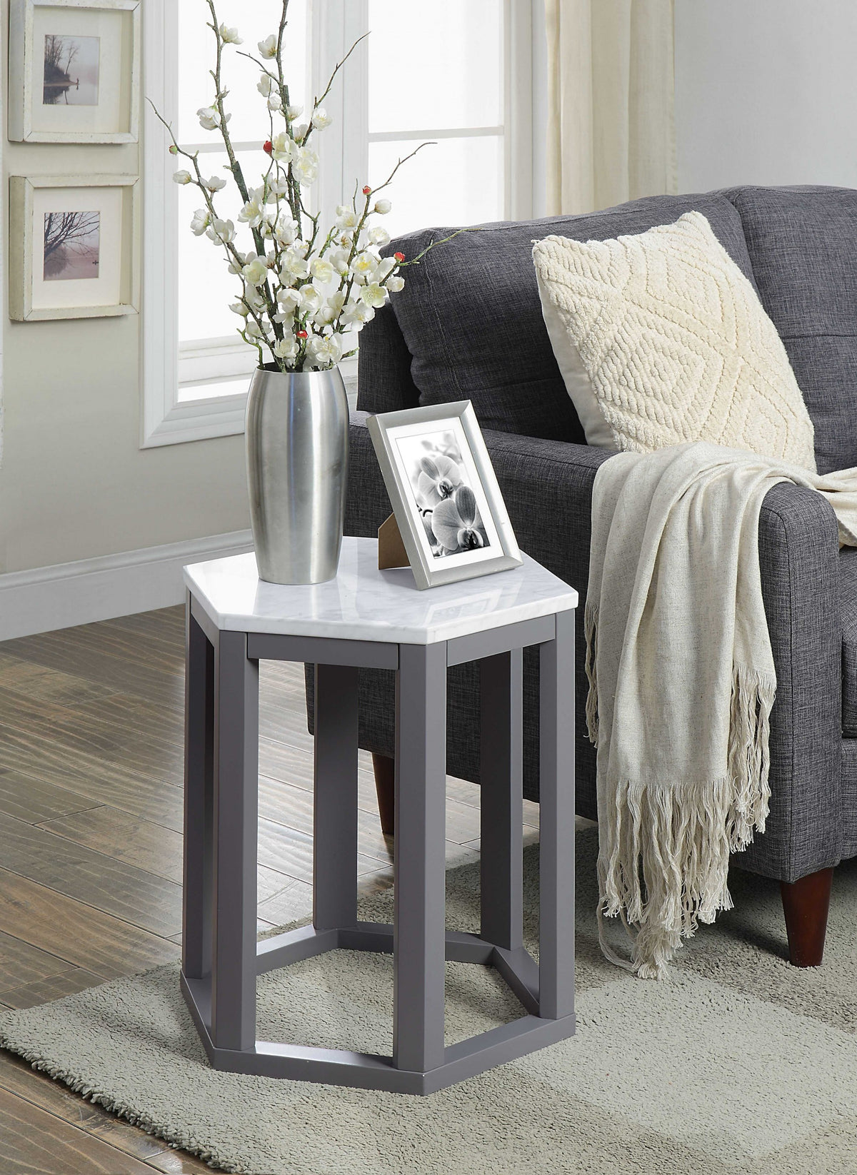 Set Of Two Gray Hexagonal Marble Top End Tables By Homeroots | End Tables | Modishstore - 3