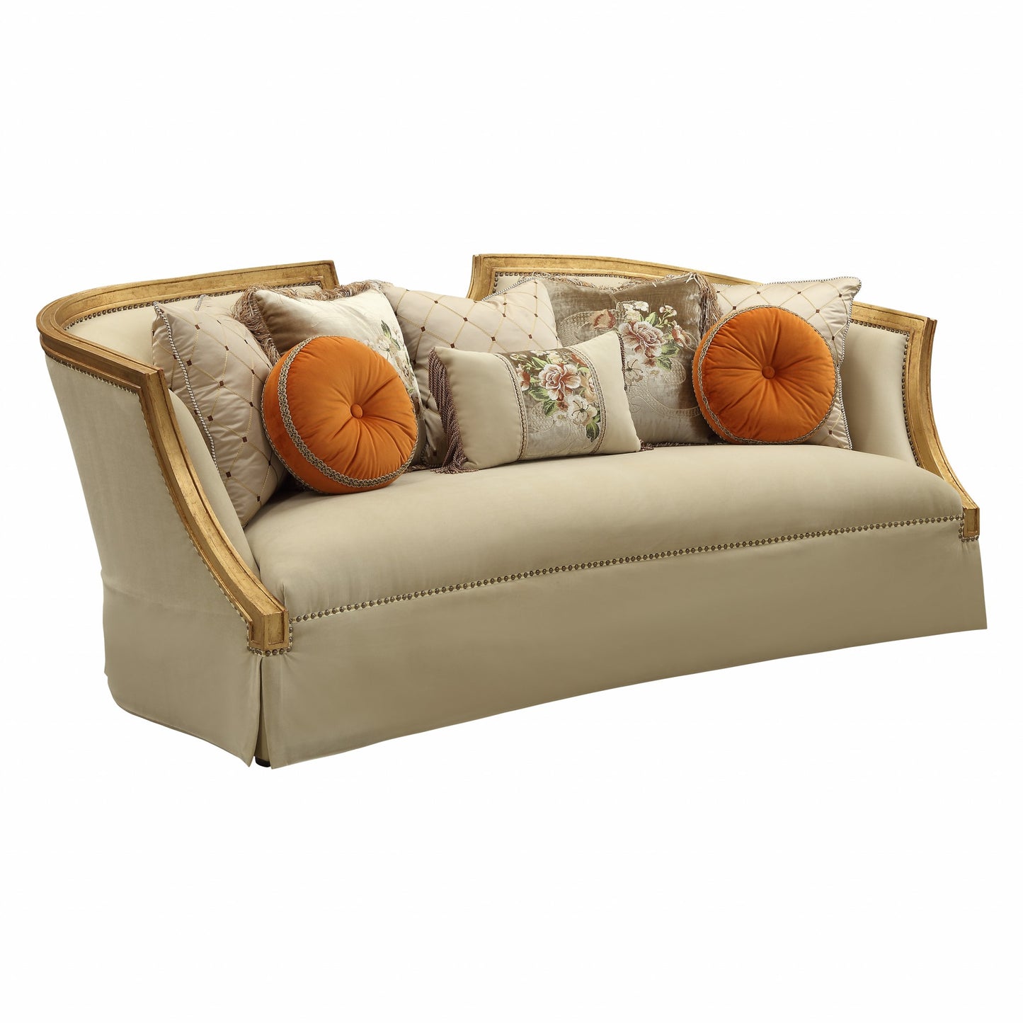 Fabric Antique Gold Upholstery Wood LegTrim Sofa w Pillows By Homeroots | Sofas | Modishstore - 3