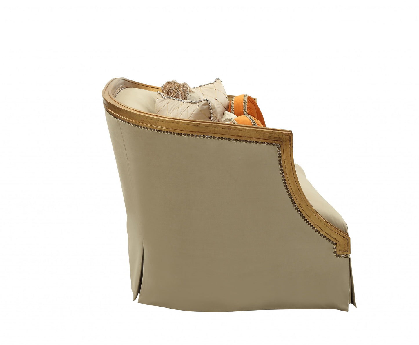 Fabric Antique Gold Upholstery Wood LegTrim Loveseat w Pillows By Homeroots | Loveseats | Modishstore - 3