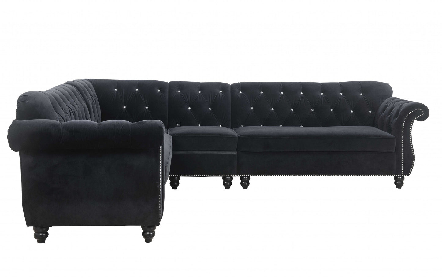 Black Velvet Upholstery Wood Leg Sectional Sofa By Homeroots | Sectional | Modishstore - 3